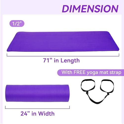 Fitvids 1/2-Inch Thick High Density Foam Exercise Yoga Mat with Carrying Strap, For Cushioning The Body Against Hard Floors, Purple