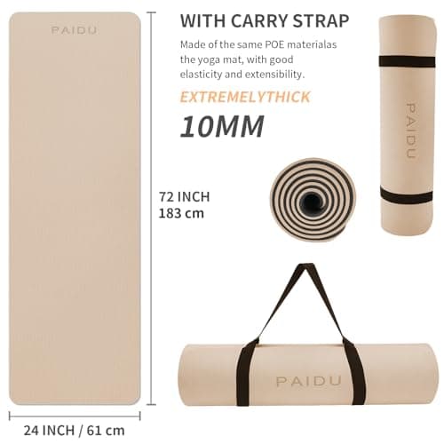 PAIDU Yoga Mat Non Slip Anti-tear,extra thick-2/5 inch（10MM）High Resiliency Professional POE Yoga Mats for Women Men Kids,72"x24"inch,Workout, Yoga, Pilates and Floor Exercise, with Carrier Strap