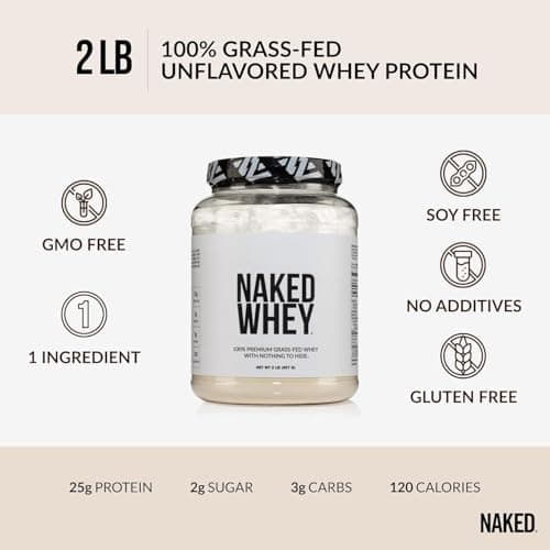 NAKED Whey 2LB 100% Grass Fed Whey Protein Powder - Only 1 Ingredient, Unflavored Whey Protein, NSF Certified, Undenatured, Gluten Free, Soy Free, No GMOs, No Preservatives