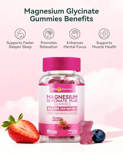 Magnesium Glycinate Plus Gummies 860mg, Sugar-Free, Non-GMO, Gluten-Free, Magnesium Gummies for Adults & Kids, Sleep, Relaxation & Focus, Magnesium Supplement for Women, Mixed Berry Flavor, 60 Count