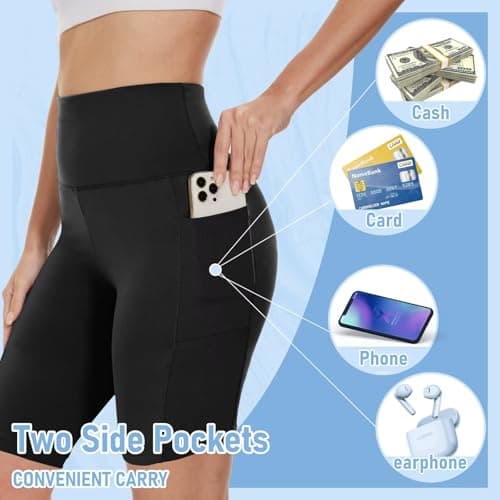 5 Pack Biker Shorts with Pockets for Women - 8" High Waist Spandex Workout Yoga Running Athletic (Black/Light Grey/Blue/Ins Green/Pink-Pockets,Plus)