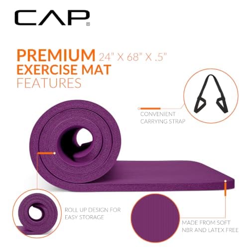 CAP Barbell Yoga Mat 1/2" Thick with Carrying Strap - High Density Exercise Mat for Yoga, Pilates, Stretching, Floor & Fitness Workouts - 68''x24''x1/2" | Wine