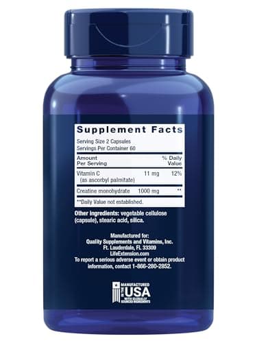 Life Extension Creatine Capsules – Creatine Monohydrate – Promotes Strength, Lean Muscle, Healthy Endurance – Non-GMO, Gluten-Free – 120 Capsules