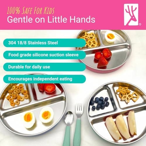 Elk and Friends Stainless Steel Divided Plates with Silicone Sleeve for Babies & Toddlers | Lids Included | Stay Put Suction | Dinner & Snack Plates | 4 Pack
