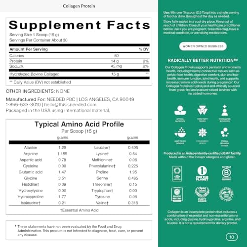 Needed. Hydrolyzed Collagen Protein Powder | Expert-Backed & Clean Sourced | Supports Skin, Hair, Joints | Grass-fed, Pasture-Raised, Hormone-Free | 1lb