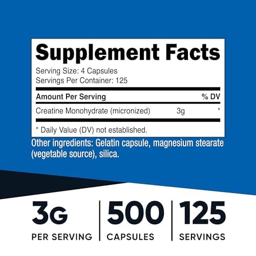 Nutricost Micronized Creatine Monohydrate 3,000mg 500 Capsules, 125 Servings, 750mg of Creatine Monohydrate Per Capsule