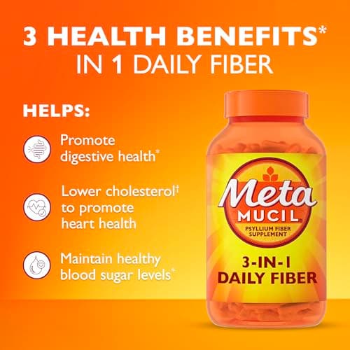 Metamucil 3-in-1 Fiber Capsules, Daily Psyllium Husk Fiber Supplement, Fiber Capsules for Digestive Health, Plant-Based Psyllium Husk Fiber Capsules, #1 Doctor Recommended Fiber Brand, 300ct Capsules