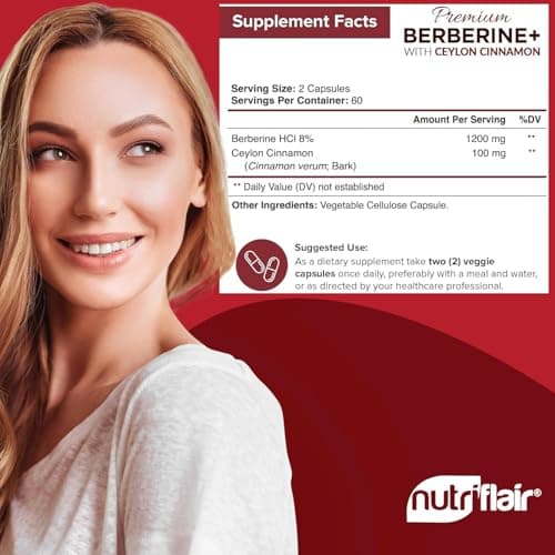 NutriFlair Premium Berberine HCL 1200mg, 120 Capsules - Plus Pure True Ceylon Cinnamon, Berberine HCI Root Supplements Pills - Immune System - Made in USA