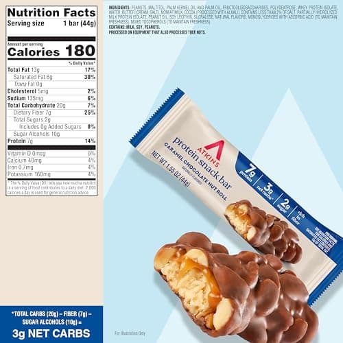 Atkins Caramel Chocolate Nut Roll Snack Bar, Protein Snack , 7g Protein, 2g Sugar, High Fiber Snack, 16 Count