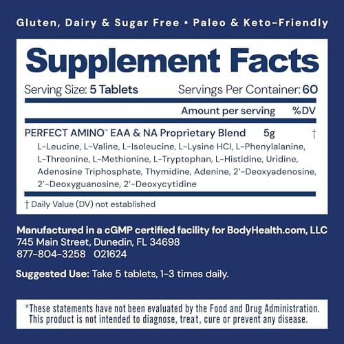 BodyHealth PerfectAmino (300 Tablets) Essential Amino Acid Supplement with BCAA and EAA, Muscle Recovery, Boost Energy & Stamina, 99% Utilization, Vegan Branched Chain Protein Pre/Post Workout