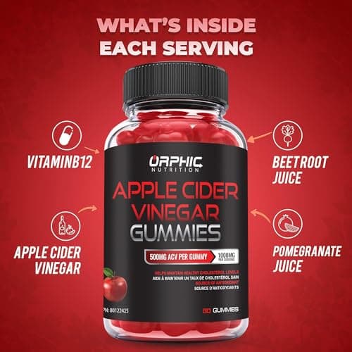 ORPHIC NUTRITION Apple Cider Vinegar Gummies 1000mg - Unfiltered ACV with B12 and Beetroot - Metabolism & Digestive Support (60 pcs)