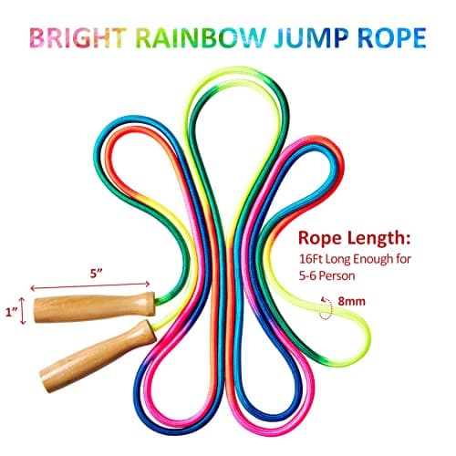 Fanhostco Double Dutch Long Jump rope - 16Ft 2 Pack Skipping Rope for Kids Adults, Rainbow Jumping Rope for Multiplayer with Wooden Handle