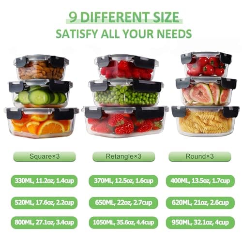 HOMBERKING 18 Piece Glass Food Storage Containers with Lids, Glass Meal Prep Containers, Airtight Lunch Bento Boxes, BPA-Free & Leak Proof, Oven, Freezer and Dishwasher Safe (9 lids & 9 Containers)