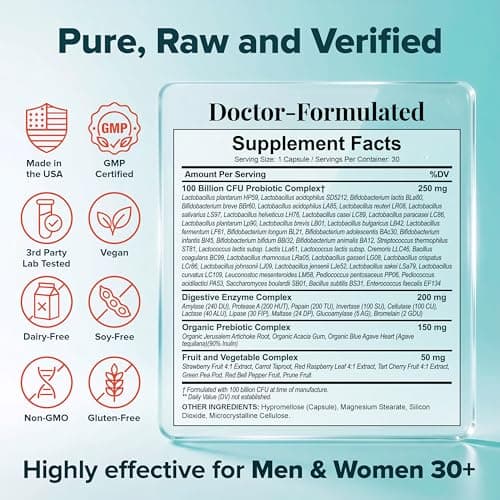 Wholesome Wellness Organic Raw Probiotics 100 Billion CFU, Dr Formulated for Women and Men, Complete Adult Supplement with Prebiotics and Digestive Enzymes; 30 Capsules, Shelf Stable