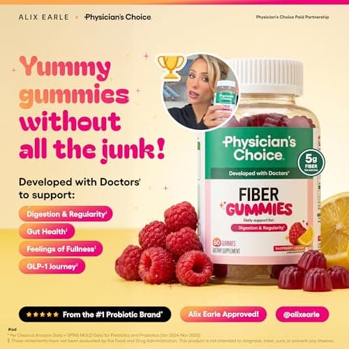 Physician’s Choice Fiber Gummies for Digestive Health & Regularity - Raspberry Lemon Flavor - No Sugar Added & Vegan - Natural Chicory Root Prebiotic Fiber - Daily Gummy for Adults, Women & Men - 60CT