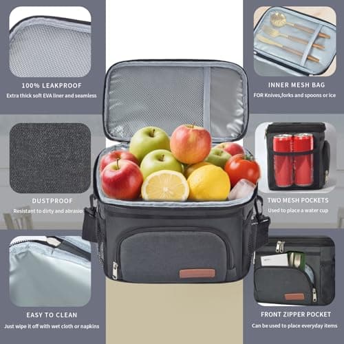 ExtraCharm Insulated Lunch Bag for Women/Men - Reusable Lunch Box for Office Picnic Hiking Beach - Leakproof Cooler Tote Bag Organizer with Adjustable Shoulder Strap for Adults - Black