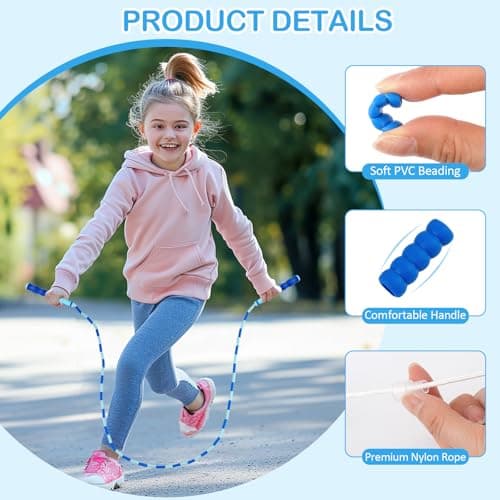 Jump Rope for Kids, Adjustable Jump Ropes for 4 5 6 7 8 10 12, Tangle Free Jumping Rope Age 8-12, Segmented Soft Beaded Skipping Rope for Women Fitness (Blue + Pink)