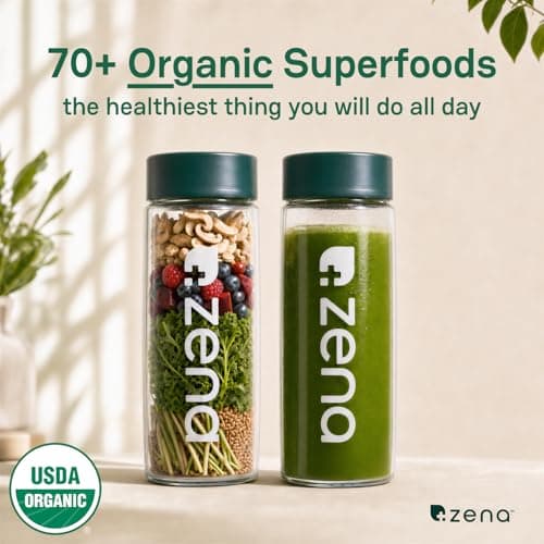 Zena Nutrition Organic Super Greens Powder, 70+ Superfoods, 0 Sugar, 3G Fiber, Spirulina, Chlorella, Antioxidants, Prebiotics/Probiotics, Digestive Enzymes, Mixed Berry, 30 Servings