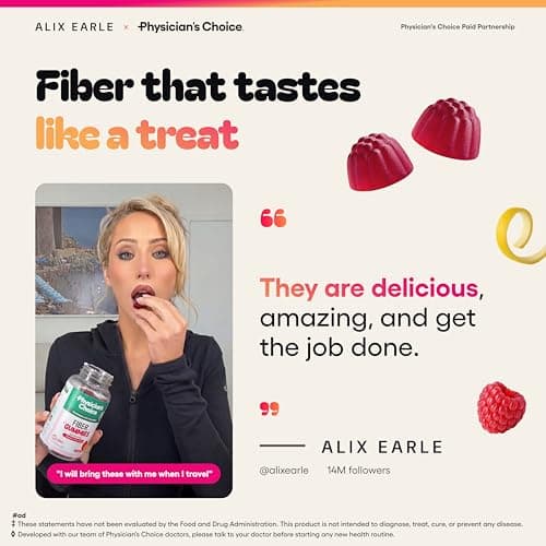 Physician’s Choice Fiber Gummies for Digestive Health & Regularity - Raspberry Lemon Flavor - No Sugar Added & Vegan - Natural Chicory Root Prebiotic Fiber - Daily Gummy for Adults, Women & Men - 60CT