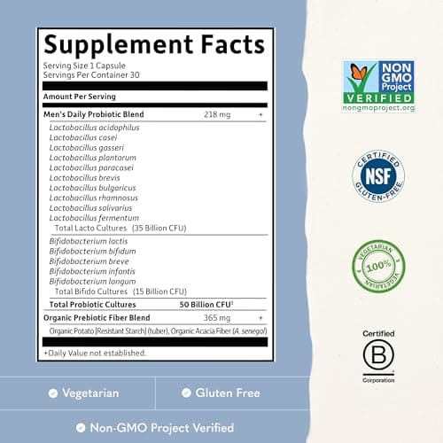 Garden of Life Probiotics for Men, Dr Formulated 50 Billion CFU 15 Probiotics for Digestive Health + Organic Prebiotic Fiber, Colon & Immune Support, Daily Gas Relief, Shelf Stable, 30 Capsules