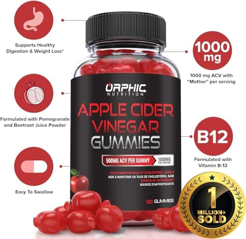 ORPHIC NUTRITION Apple Cider Vinegar Gummies 1000mg - Unfiltered ACV with B12 and Beetroot - Metabolism & Digestive Support (60 pcs)