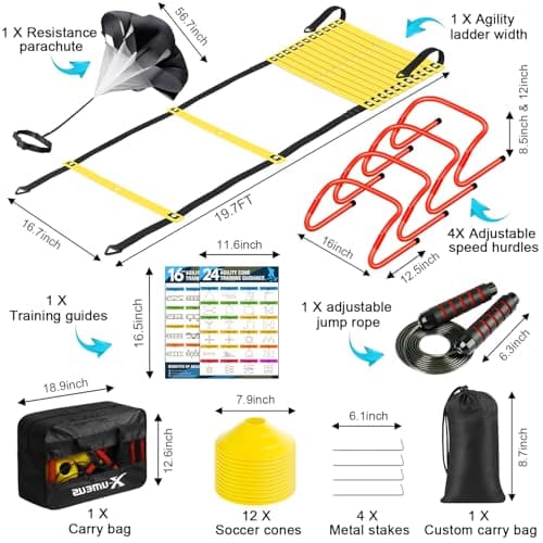 X-UMEUS Agility Ladder Speed Training Equipment Set-20ft Agility Ladder,12 Soccer Cones,4 Hurdles, Jump Rope, Running Parachute| Basketball Football Soccer Training Equipment for Kids Youth Adults