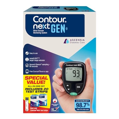 Ascensia CONTOUR NEXT GEN Blood Glucose Monitor All-In-One Kit with 20 Test Strips, Accurate Blood Sugar Monitor, Easy-to-Use Glucose Meter, Portable and Reliable Diabetes Testing Kit