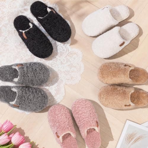 EverFoams Women's Fuzzy Slip-on Slippers Warm Cozy Soft Lightweight Memory Foam Indoor House Shoes Cream White, 7-8 US