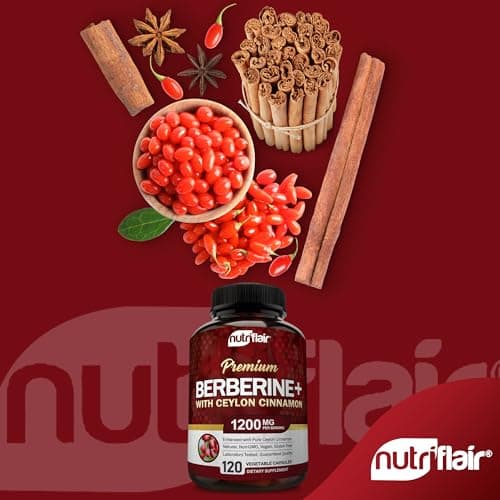 NutriFlair Premium Berberine HCL 1200mg, 120 Capsules - Plus Pure True Ceylon Cinnamon, Berberine HCI Root Supplements Pills - Immune System - Made in USA
