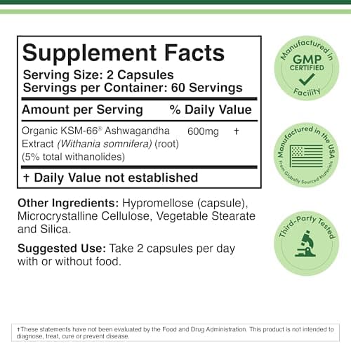 Double Wood Supplements Ashwagandha KSM 66 Organic and Clinically Studied Extract (600mg Per Serving, 120 Capsules, 60 Servings) Adaptogen Cortisol Manager for Women and Men