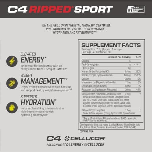 C4 Ripped Sport Pre Workout Powder Fruit Punch - NSF Certified for Sport + Zero Sugar Preworkout Energy Supplement for Men & Women - 135mg Caffeine + Weight Loss - 30 Servings