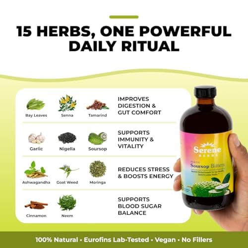Serene Herbs Soursop Bitters Liquid with Soursop Leaves for Gut Cleanse, Detox & Immune Boost with Black Seed, Moringa, Irish Moss, Ashwaganda, Turmeric, 16 fl oz (16 Fl, Soursop)
