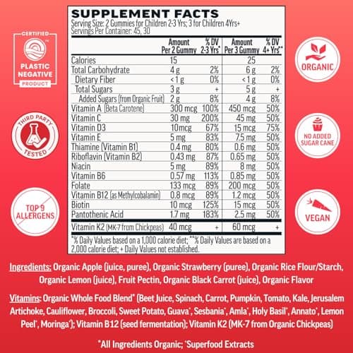 Llama Naturals Kids Multivitamin Gummies | Real Fruit, No Added Sugar Cane | Organic Vegan Toddler Whole Food Vitamins | Vitamin D, C & Beta Carotene Gummy Supplement | Strawberry 90 Ct (1-2 Months)