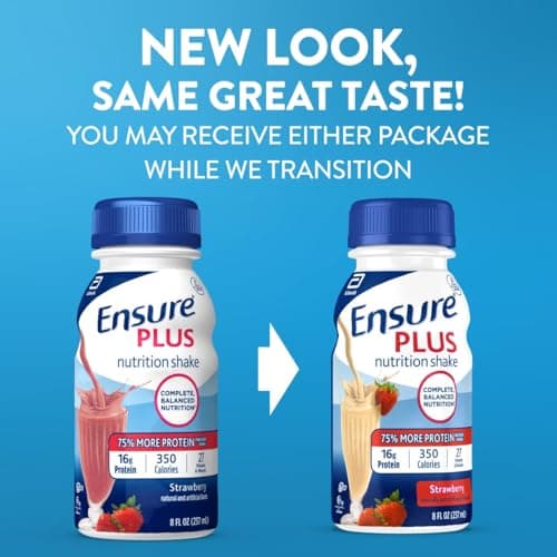 Ensure Plus Strawberry Nutrition Shake | Meal Replacement Shake | Ready To Drink | 16g Protein and 27 Vitamins and Minerals | 8 fl oz - 24 Pack