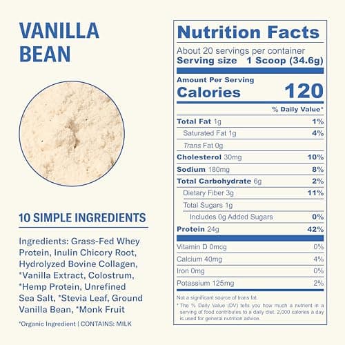 Ballerina Farm Grass Fed Whey Protein Powder, Vanilla Bean, 24g Protein with Collagen Peptides, Bovine Colostrum, Hemp Hearts & Prebiotic Fiber, No Added Sugar or Artificial Ingredients, 20 Servings