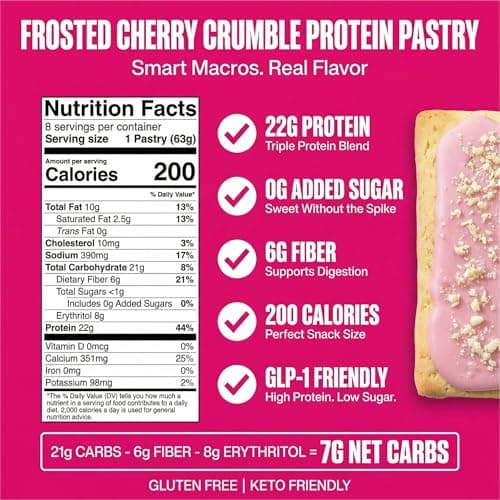 Legendary Foods 22g Protein Pastry 0g Added Sugar, Low Carb, Gluten Conscious, Keto Snack, Ideal for Glucose Management, Includes Whey Protein Isolate, 8 Pack Cherry Crumble