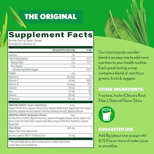 Amazing Grass Super Greens Powder, Organic, Greens Superfood Powder, Smoothie Supplements, Supports Digestion, Probiotics, Spirulina, Beet Root, Original, 30 Servings, 8.5 Ounce (Packaging May Vary)