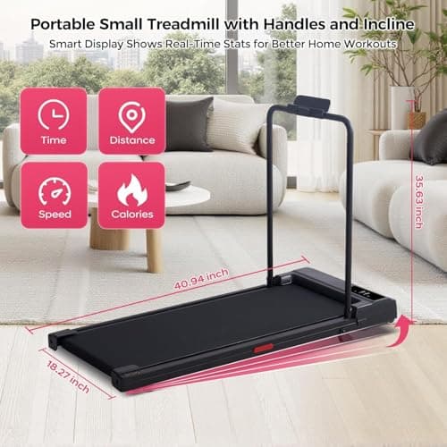 HevGlrm Walking Pad with Handle Bar, 2026 Upgrade Small Walking Pad Treadmill with Incline, 3.0HP Portable Under Desk Treadmill with Handles for Home Small, 0.6-7.6MPH, 350LBS