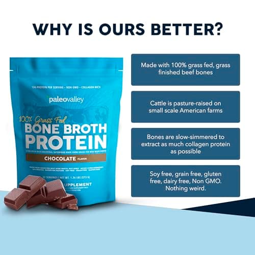 Paleovalley 100% Grass Fed Beef Bone Broth Protein Powder - Rich in Collagen Peptides for Hair, Skin, Gut Health, Bone and Joint Support - 13g Protein Per Serving - No Gluten or GMOs - Chocolate