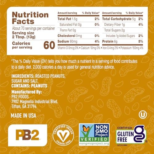 PB2 Original Powdered Peanut Butter - [32 Ounce Jar] 6g of Protein, 90% Less Fat, Certified Gluten Free, Only 60 Calories per Serving, Perfect for Protein Shakes, Smoothies, and Low-Carb, Keto Diets