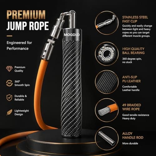 Mogold Weighted Jump Rope for High-Intensity Training, Muay Thai & MMA Workouts Heavy Jumping Ropes for Fitness Carbon Fiber Handle Adjustable Length 3 Meters 1/5 +1/4lb+1/2lb PVC Steel Wire Rope