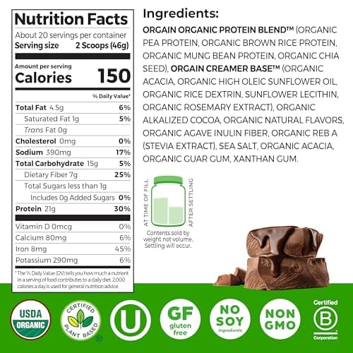 Orgain Organic Vegan Protein Powder, Creamy Chocolate Fudge - 21g Plant Protein, 6g Prebiotic Fiber, Low Net Carb, No Lactose Ingredients, No Added Sugar, Non-GMO, For Shakes & Smoothies, 2.03 lb