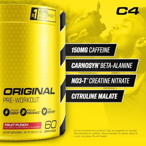 C4 Original Pre Workout Powder Fruit Punch - Vitamin C for Immune Support - Sugar Free Preworkout Energy for Men & Women - 150mg Caffeine + Beta Alanine + Creatine - 60 Servings