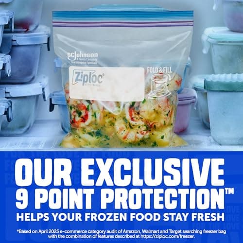 Ziploc Quart Food Storage Freezer Bags, Stand-Up Bottom, Easy to Fill, 100 Count