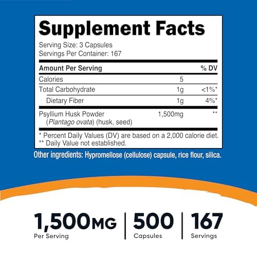 Nutricost Psyllium Husk 1500mg Per Serving, 500 Capsules - Non-GMO & Gluten Free