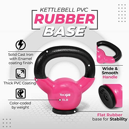 Yes4All Vinyl Coated Kettlebell With Protective Rubber Base, Strength Training Kettlebells for Weightlifting, Conditioning, Strength & Core Training (5 LBS - Pink)