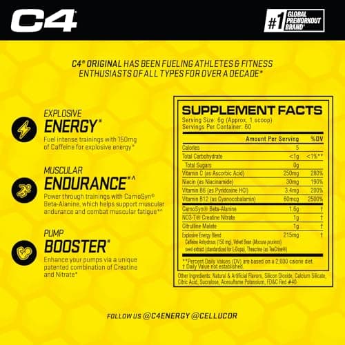 C4 Original Pre Workout Powder Fruit Punch - Vitamin C for Immune Support - Sugar Free Preworkout Energy for Men & Women - 150mg Caffeine + Beta Alanine + Creatine - 60 Servings