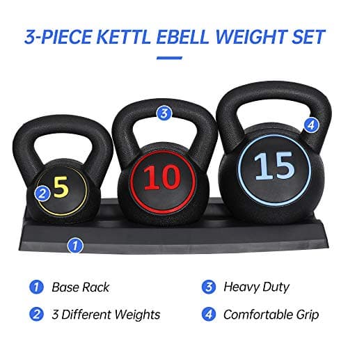 ZENY 3-Piece Kettlebell Set with Storage Rack Heavy Duty Concrete 5 lb 10 lb 15 lb Kettle Bells for Weightlifting, 30 lb Kettlebell Strength Training Kettlebells, Home Gym Equipment