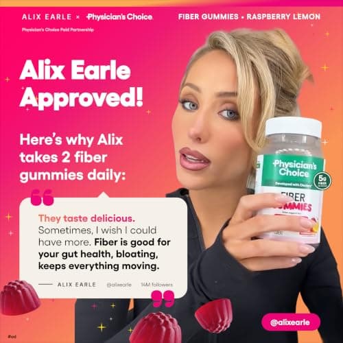 Physician’s Choice Fiber Gummies for Digestive Health & Regularity - Raspberry Lemon Flavor - No Sugar Added & Vegan - Natural Chicory Root Prebiotic Fiber - Daily Gummy for Adults, Women & Men - 60CT