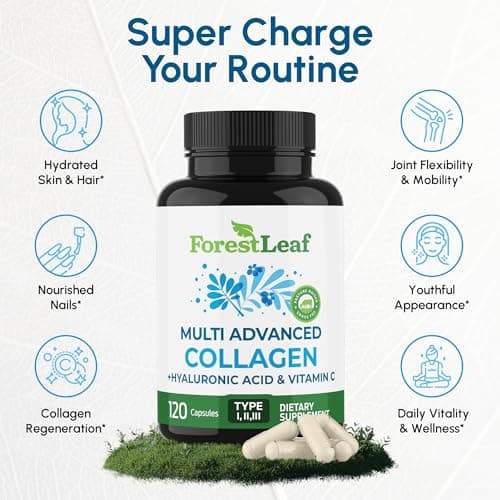 ForestLeaf Multi Collagen Pills with Hyaluronic Acid + Vitamin C | Hydrolyzed Collagen Supplements for Women or Men | Multi Collagen Capsules Peptides for Skin, Wrinkles, 120 Caps